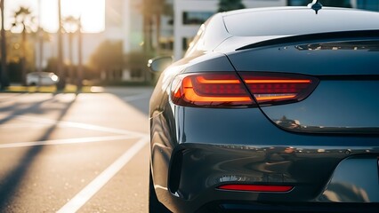 Sleek modern car parked on a sunny city street at golden hour