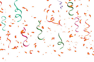 Colorful confetti celebration background, Anniversary celebration banner. Bright festive tinsel. Birthday party backdrop. Holiday design elements. Vector illustration.