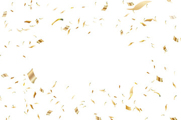 Gold confetti celebration background with festive glitter ribbons, Glitter confetti frame background. Anniversary celebration banner. Bright festive tinsel. Birthday party backdrop. Holiday design.