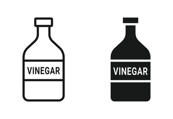 Vinegar bottle icon set in outline and silhouette style, representing condiments, cooking ingredients, and kitchen essentials, vector illustration.