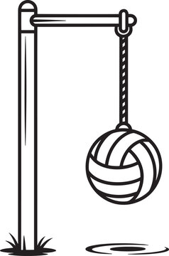 Outdoor tetherball game vector outline illustration sport ball swinging from pole with rope playground activity.