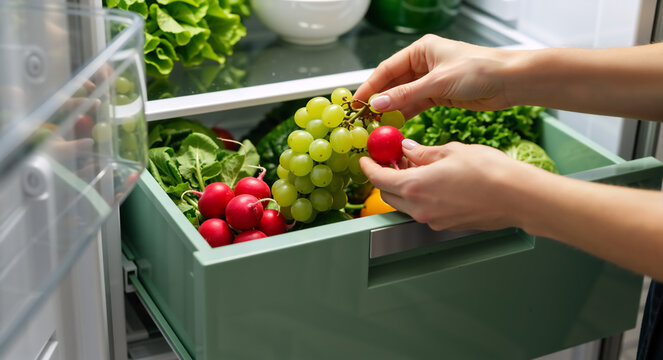 Woman putting fresh radishes into a refrigerator drawer. Female hands organizing healthy fruits and vegetables in an open fridge. Healthy lifestyle and food storage concept