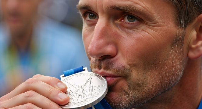 Male athlete kissing a silver medal. Sportsman celebrating second place victory and achievement