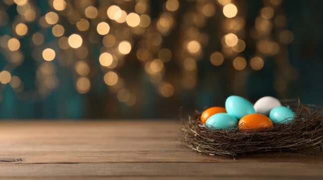 Colorful easter eggs arranged in a nest on a wooden table with blurred lights