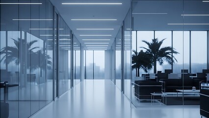 Modern office corridor with glass walls and minimalist design.