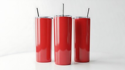 Three red reusable travel tumblers with straws on white.