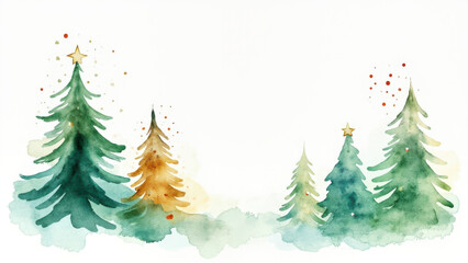 Watercolor Christmas trees illustration with gold stars and festive colors