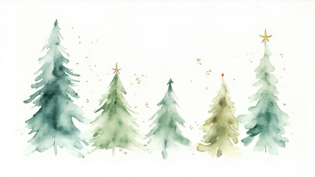 Watercolor Christmas trees with gold star toppers on a white background - Powered by Adobe
