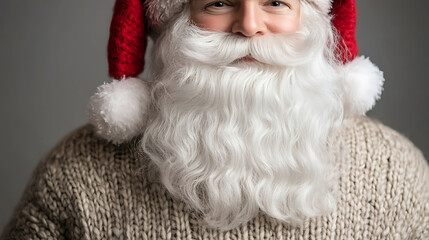 A jolly figure dressed in a red holiday hat, a large white beard, and a beige knitted sweater, radiating warmth and cheer, embodies the spirit of gift-giving and goodwill.