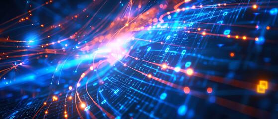 Vibrant abstract scene with glowing quantum data streams, blue and orange light trails, and dynamic digital patterns. Futuristic concept of energy, motion and technology.