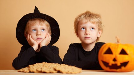 Kids in Halloween costumes waiting for treats and cookies on a festive day