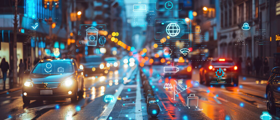 Futuristic city street filled with glowing augmented reality holograms and digital icons. Concept of smart urban technology, innovation and connected systems.