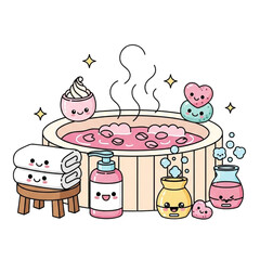 Obraz premium Adorable spa day cartoon with bubbly hot tub and kawaii self-care items, perfect for relaxation, wellness, and cute designs, originally a scalable vector graphic