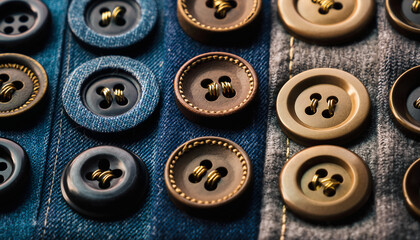 Fototapeta premium Detailed closeup showcasing diverse sewing buttons arranged on fabric. Highlights craftsmanship, texture, and attention to detail. Suitable for fashion, sewing, or design concepts.