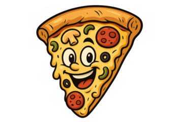 Cartoon pizza slice character mascot with melted cheese and various toppings, smiling happily with a transparent background