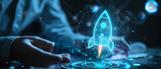 A glowing holographic rocket launch symbolizing a startup concept, displayed above a digital workspace as a person draws and plans innovative business ideas in a futuristic environment.