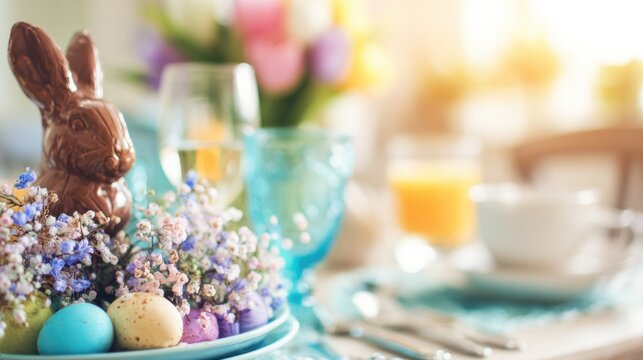 Easter centerpiece: chocolate bunny, colorful eggs, and flowers