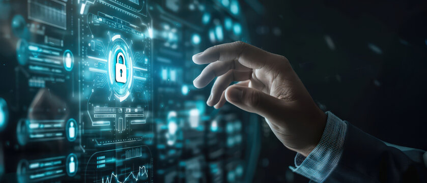 A businessman interacting with a futuristic digital interface, touching glowing holographic controls and advanced HUD elements in a high-tech virtual environment.