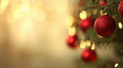 Obraz premium Red ornaments sparkle on a Christmas tree with golden lights in the background