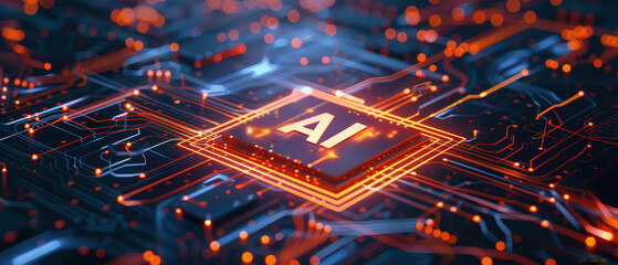 High-tech glowing microchip with bright energy lines on a detailed circuit board, showing advanced technology, digital innovation, data flow, and modern electronic design.