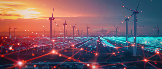 Futuristic wind turbines connected by a glowing digital energy grid, symbolizing clean power, smart infrastructure, innovation, and advanced renewable technology at sunset.