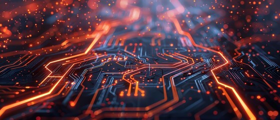 Futuristic glowing circuit landscape with flowing neon lines and dynamic particles, glowing neural network circuit board with flowing data particles, high-tech machine intelligence concept