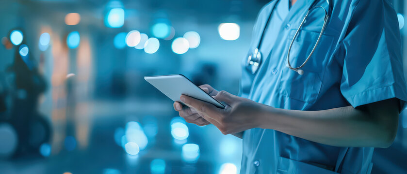 Doctor in medical scrubs using a digital tablet while standing in a bright hospital corridor. Modern healthcare technology, clinical workflow and professional medical environment.