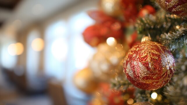 Christmas tree decoration with red and gold ornaments in festive setting