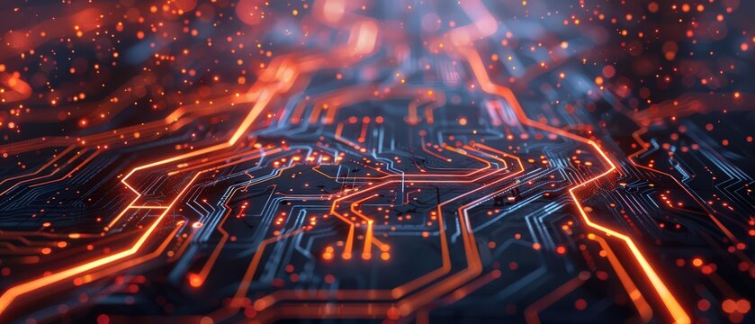 Futuristic glowing circuit landscape with flowing neon lines and dynamic particles, glowing neural network circuit board with flowing data particles, high-tech machine intelligence concept