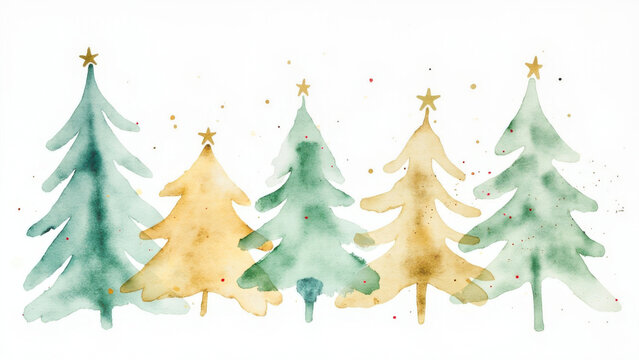 Watercolor Christmas trees with gold stars on white background