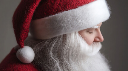A serene Santa portrait, showcasing his iconic red hat and flowing white beard. Nostalgic holiday spirit captured in a timeless image. The essence of a winter tradition.