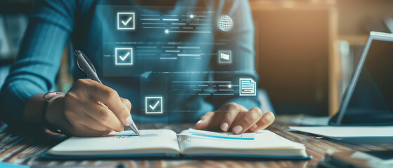 Fototapeta premium A person writing on paper with floating digital checklist icons, representing task management, workflow organization and modern documentation processes in a tech-driven workspace.