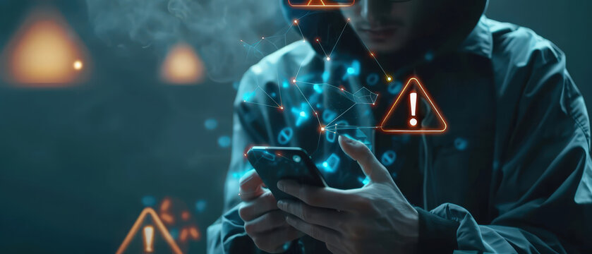 A man holding a smartphone with glowing holographic cyber security elements, symbolizing data protection, digital safety and modern communication technologies in a dynamic futuristic environment.