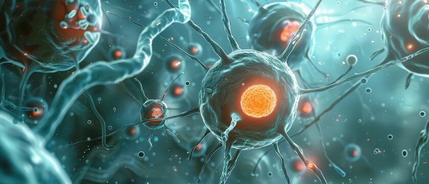 Futuristic microscopic view of neural cells with glowing biological structures and detailed organic textures Abstract scientific background showing complex cell interactions and advanced biotechnology