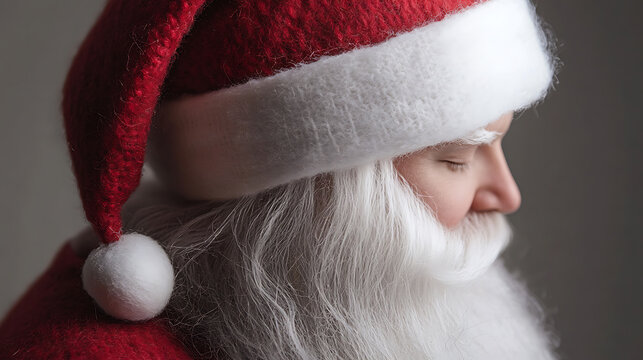 A serene Santa portrait, showcasing his iconic red hat and flowing white beard. Nostalgic holiday spirit captured in a timeless image. The essence of a winter tradition. - Powered by Adobe
