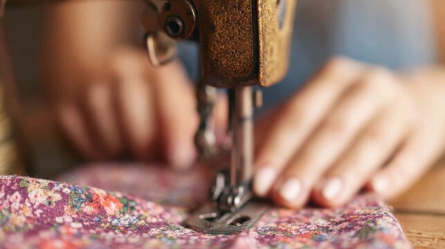 Sewing colorful fabric together using a vintage sewing machine at home