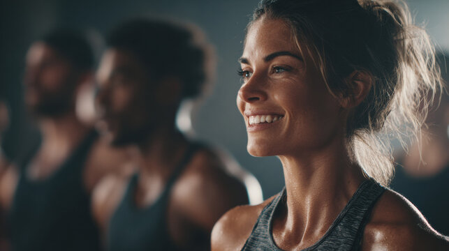 Smiling woman in athletic wear stands in group fitness class, sweat glistening on her skin, showing determination and energy during high intensity interval training indoors