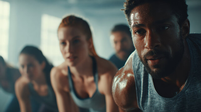 Group of diverse adults performing high intensity interval training indoors, focused and determined, sweating during intense workout session in modern gym environment