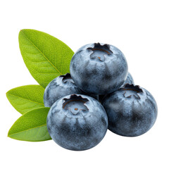 Obraz premium Four ripe, deep blue-purple blueberries with powdery white bloom, and two vibrant emerald leaves with intricate veins, isolated on a transparent background. Concept of fresh healthy ingredients