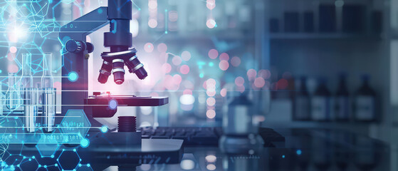 High-tech laboratory setup with microscope, glassware and digital molecular interface overlays, illustrating modern scientific research, biotechnology and innovative medical analysis.