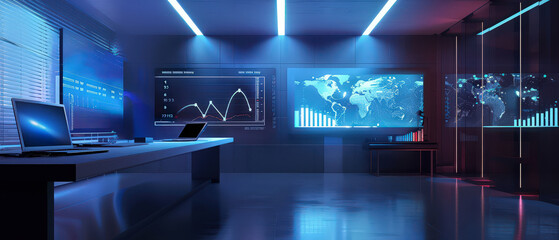 Futuristic workspace with glowing data dashboards, world maps, charts and modern devices. High-tech analytic environment with neon lighting, screens and a clean professional atmosphere.