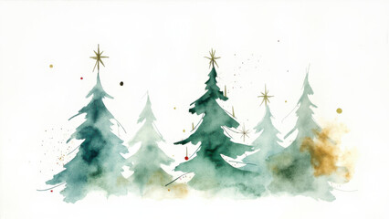 Watercolor Christmas trees with gold star toppers on a white background