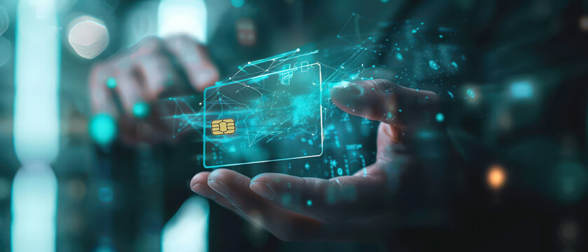 A transparent digital payment card floats above an open hand with glowing data lines and futuristic light effects, symbolizing finance technology, online transactions and secure modern banking. - Powered by Adobe