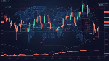 Abstract digital representation of stock market trading charts and financial data analysis on a dark background with glowing lines and bars