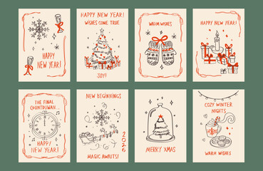 Hand drawn Christmas poster set. Retro vintage New Year doodle illustrations in minimalist line art style with holiday wreath, bows, candle, gifts, and martini glass. Festive coquette vector design