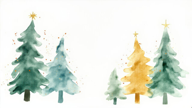 Watercolor Christmas trees with gold stars on a white background - Powered by Adobe