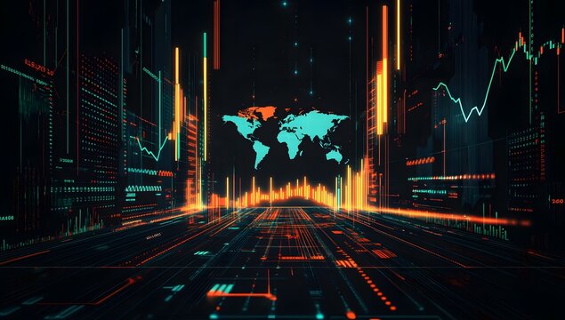 Abstract digital cityscape with glowing neon lights and a superimposed world map representing global connectivity and technological advancement - Powered by Adobe