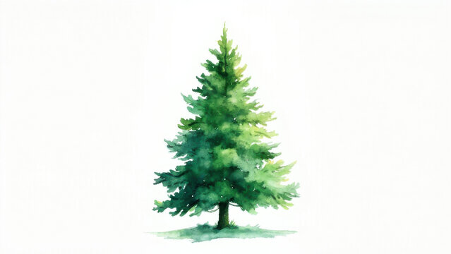 Watercolor painting of a vibrant green evergreen tree on a white background