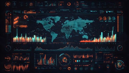 Futuristic digital interface displaying global data visualizations with complex charts and world map overlay in dark tone