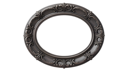 Ornate oval picture frame with intricate baroque carvings in a dark antique finish isolated on transparent background